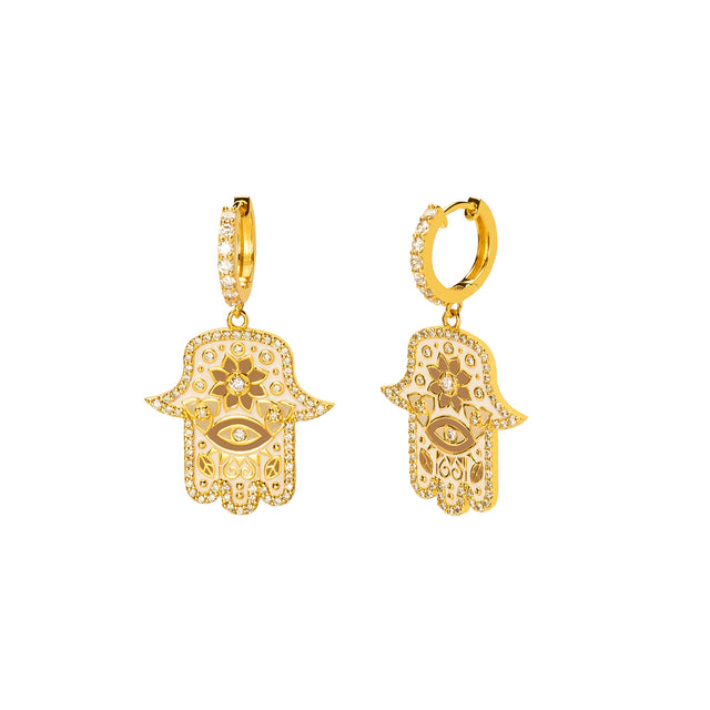 Buddha Mama Hamsa Huggies - White Enamel - Earrings - Broken English Jewelry