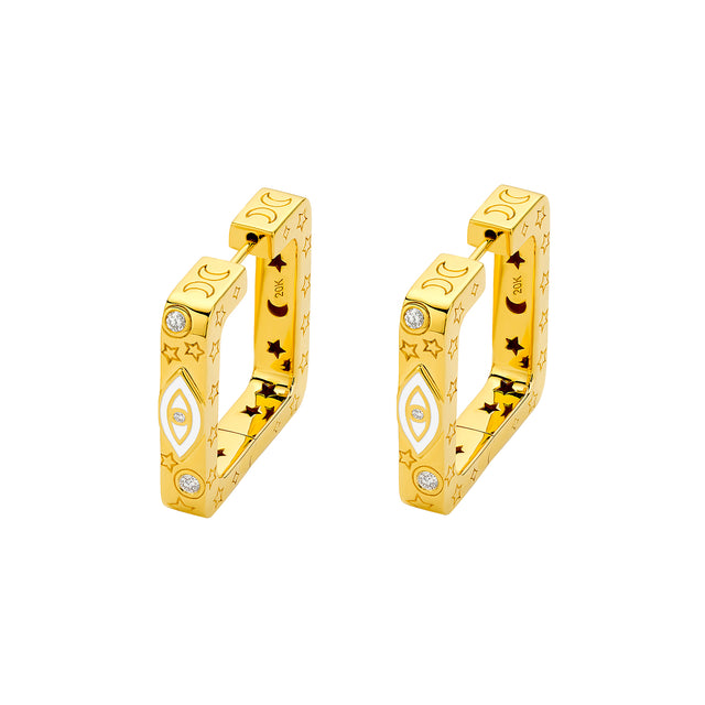Buddha Mama Evil Eye Square Hoops - White Enamel - Broken English Jewelry