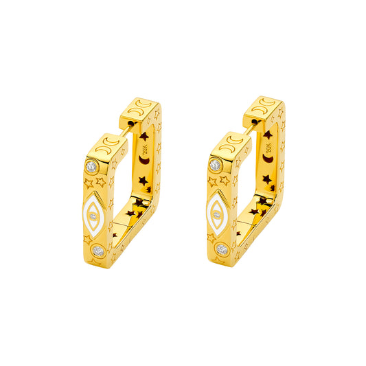 Evil Eye Square Hoops - White Enamel - Main Img