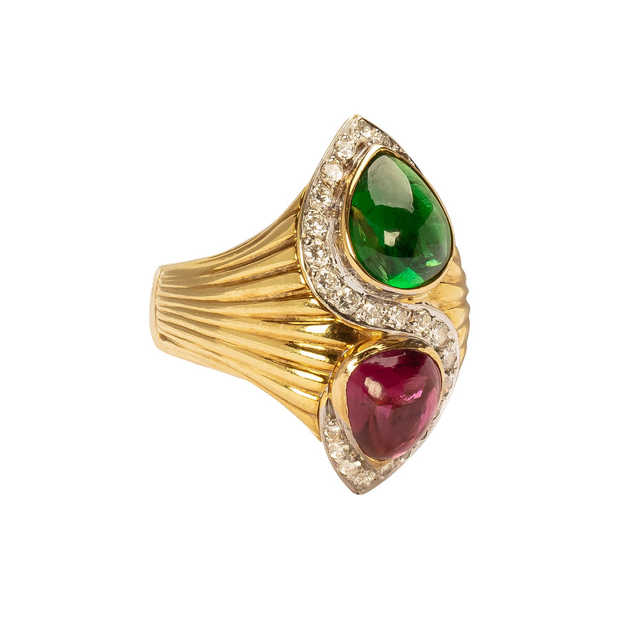 Antique & Vintage Jewelry Ribbed Pink & Green Tourmaline Duo Ring - Rings - Broken English Jewelry