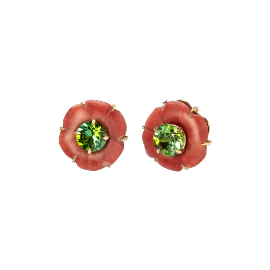 Marquetry Botanical Pink Flower Studs - Green Tourmaline - Main Img