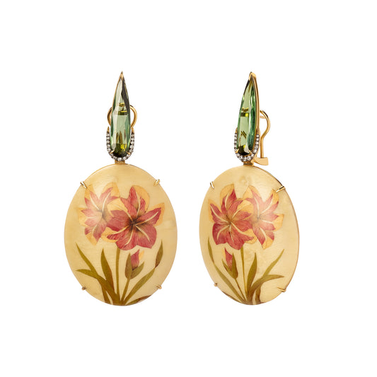 Marquetry Amaryllis Flower Green Tourmaline Earrings - Main Img