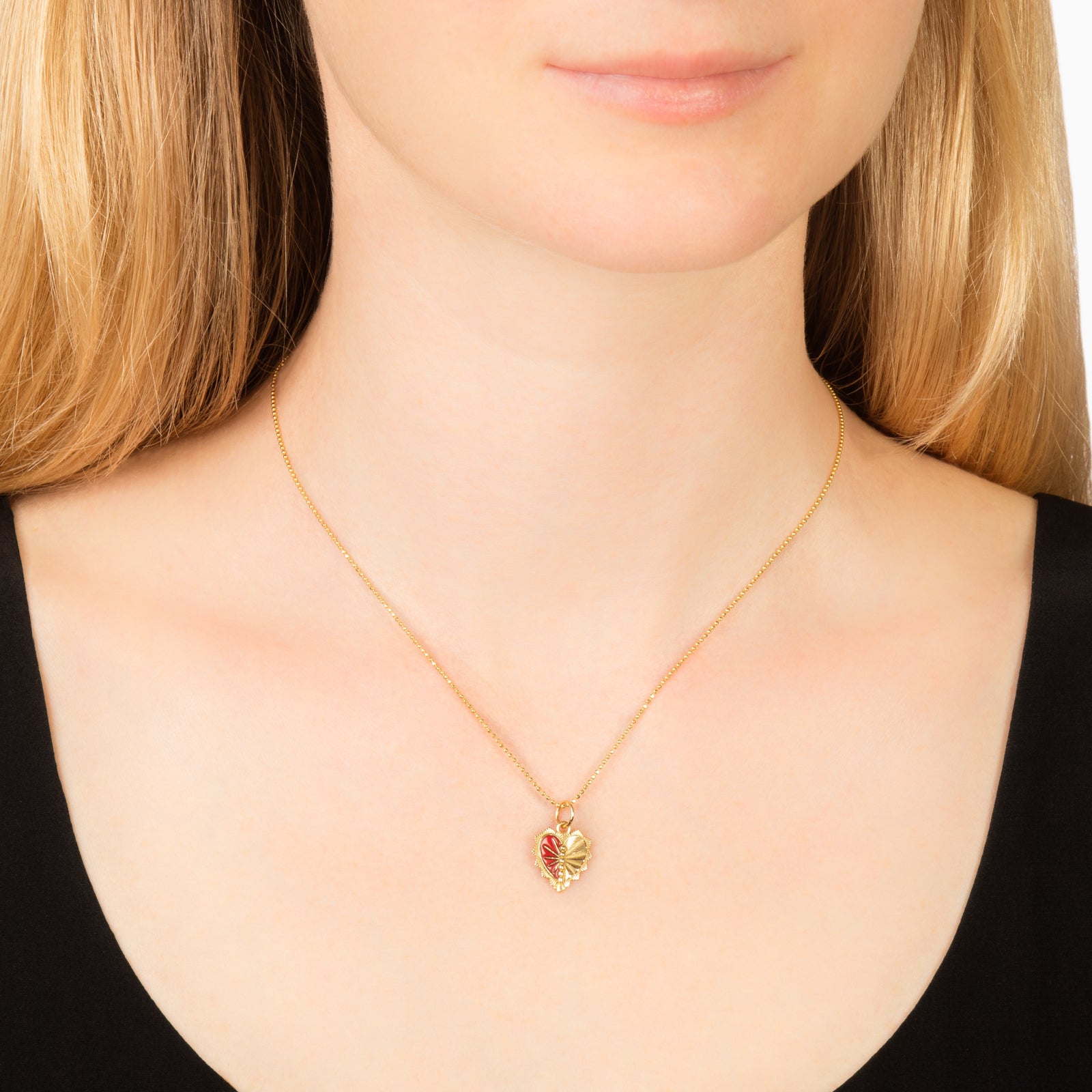 Foundrae Heart Love Token - Red Enamel Left - On Model