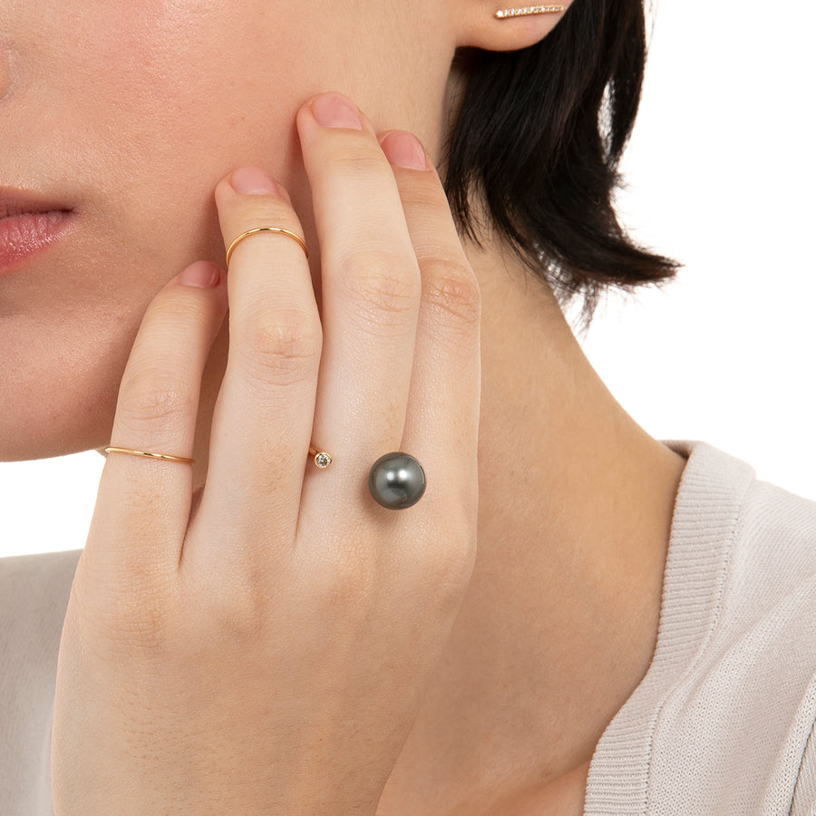 Hirotaka Cuff Ring l - Diamond & Tahitian Black Pearl - Broken English Jewelry
