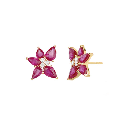 Trio Cluster Ruby Stud Earrings - Yellow Gold - Main Img