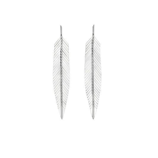 Large White Gold Feather Earrings - Main Img