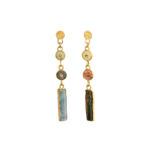 Pre-Colombian Chimu Bead, Coral, and Tourmaline 3 Drop Earrings - Main Img