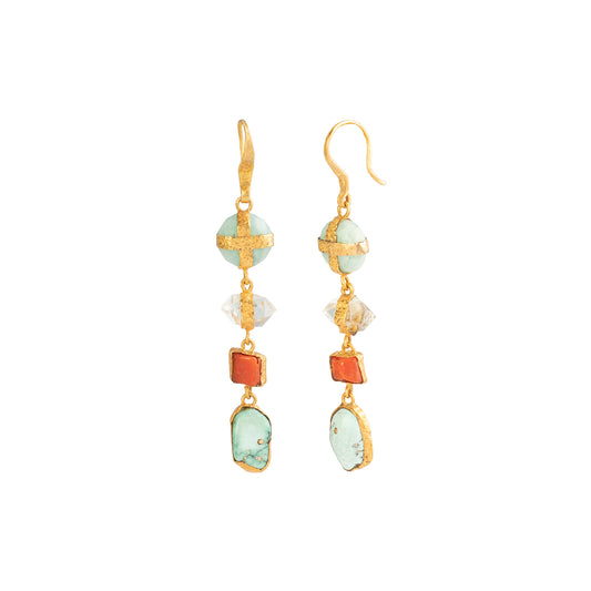 Aquamarine, Herkimer Diamond, Coral, and Turquoise 4 Drop Earrings - Main Img