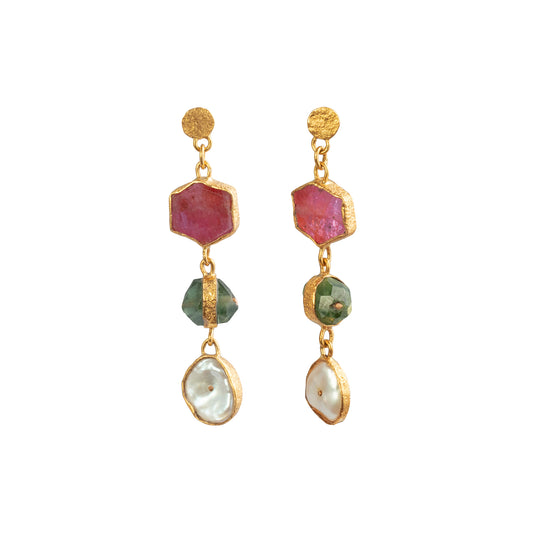 Burmese Ruby, Sapphire, and Pearl Keshi 3 Drop Earrings - Main Img