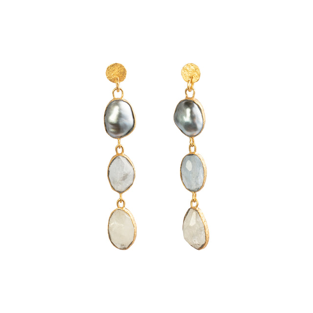 Lou Zeldis by Liz Marx Studios Tahitian Pearl and Sapphire 3 Drop Earrings  - Earrings - Broken English Jewelry
