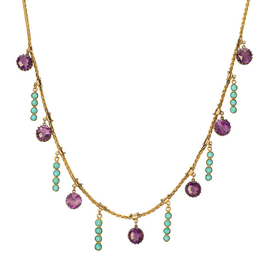 Vintage Turquoise & Amethyst Chandelier Fringe Necklace - Main Img