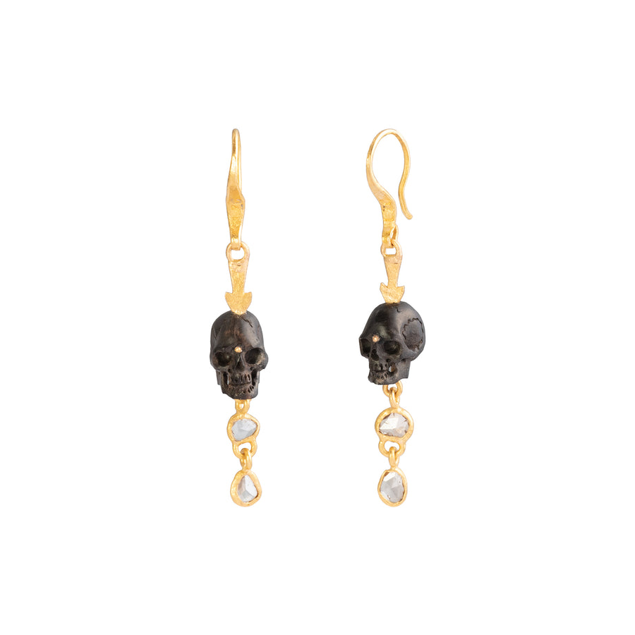 Lou Zeldis by Liz Marx Studios Carved Blackwood Skull and Raw Borneo Diamond Drop Earrings - Earrings - Broken English Jewelry