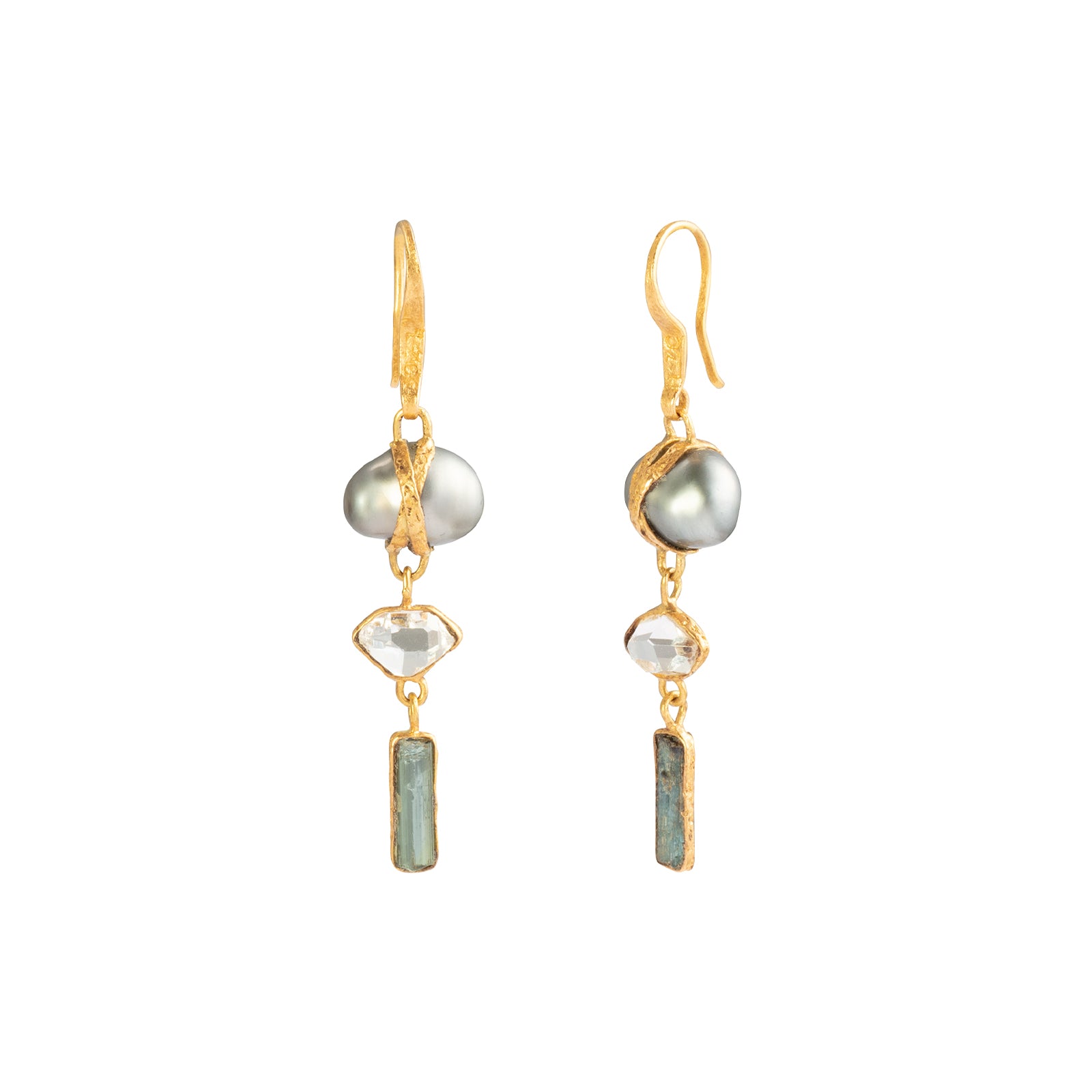 Lou Zeldis by Liz Marx Studios Tahitian Pearl, Herkimer Diamond, and Tourmaline 3 Drop Earrings  - Earrings - Broken English Jewelry