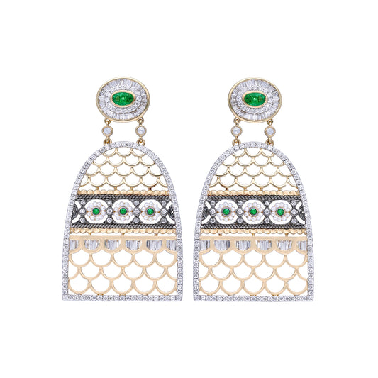 Round Emerald and Pearl Drop Jodhpur Earrings - Main Img