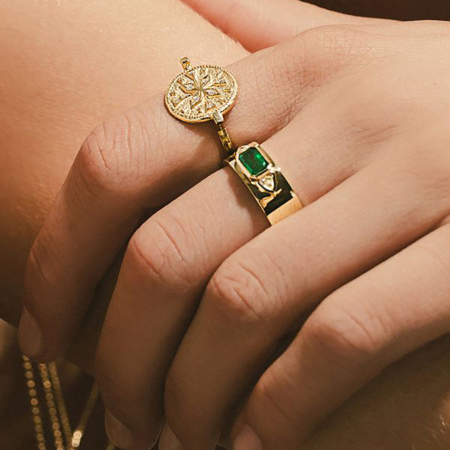 Āzlee Thick Band Ring - Emerald & Diamond - Rings - Broken English Jewelry