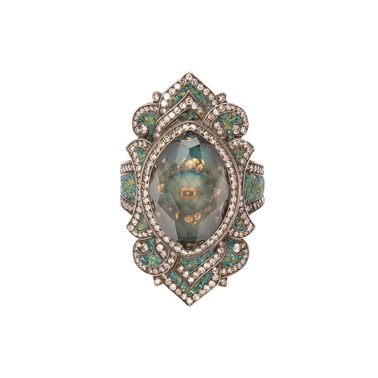Theodora Carved Lemon Topaz Blue Mosque & Micro Mosaic Petals Ring - Main Img