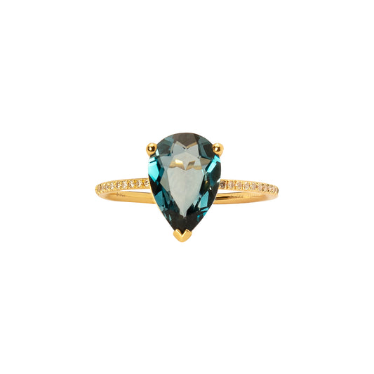 Pear Cut Blue Topaz & Diamond Ring - Yellow Gold - Main Img