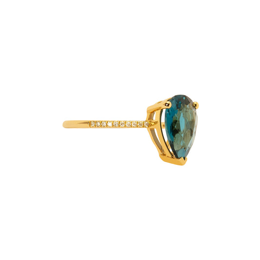 Pear Cut Blue Topaz & Diamond Ring - Yellow Gold