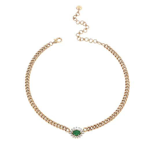 Mini Emerald and Diamond Evil Eye Gold Link Necklace - Main Img