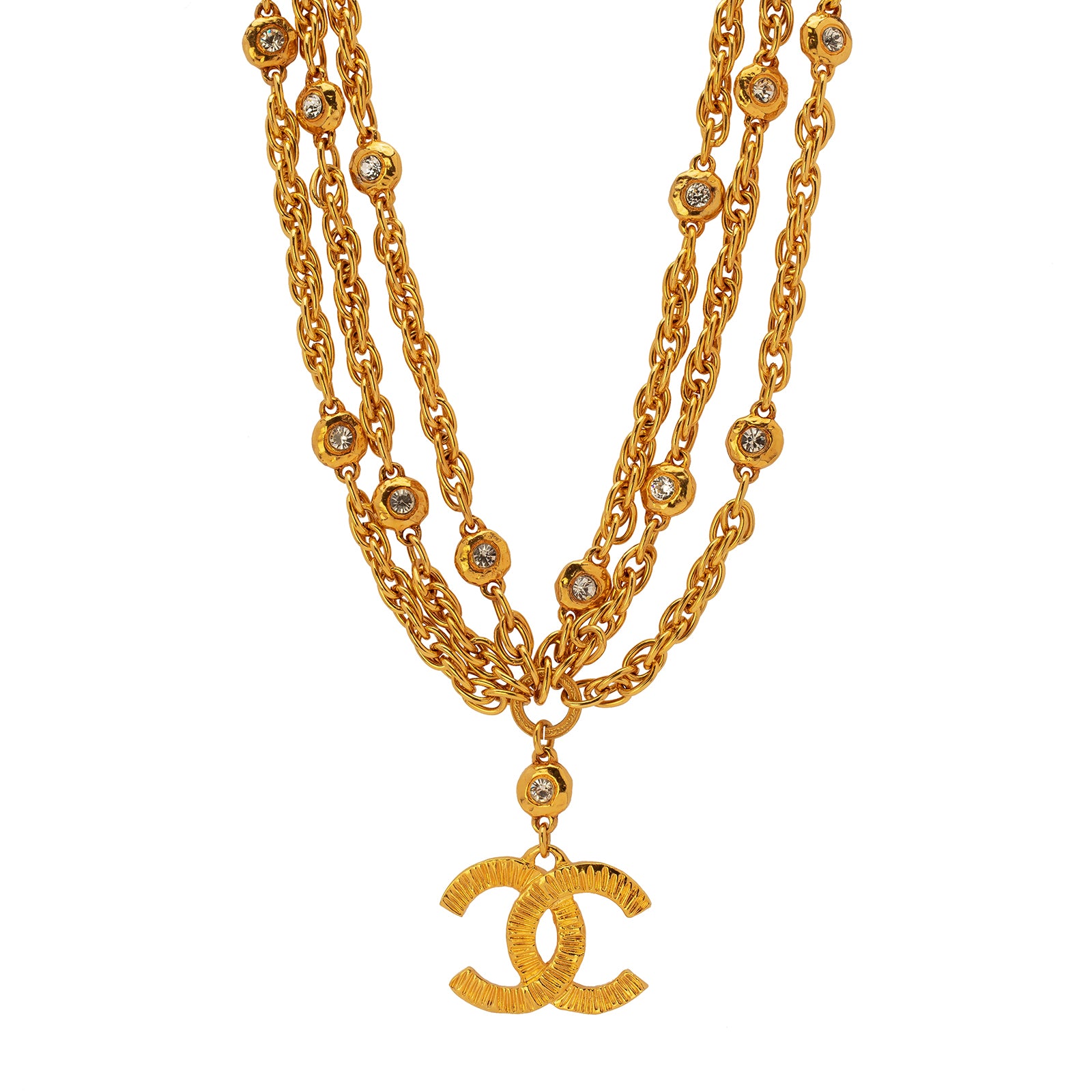 Antique & Vintage Jewelry Chanel Three Strand Ribbed Logo Pendant Necklace  - Necklaces - Broken English Jewelry – Broken English Jewelry