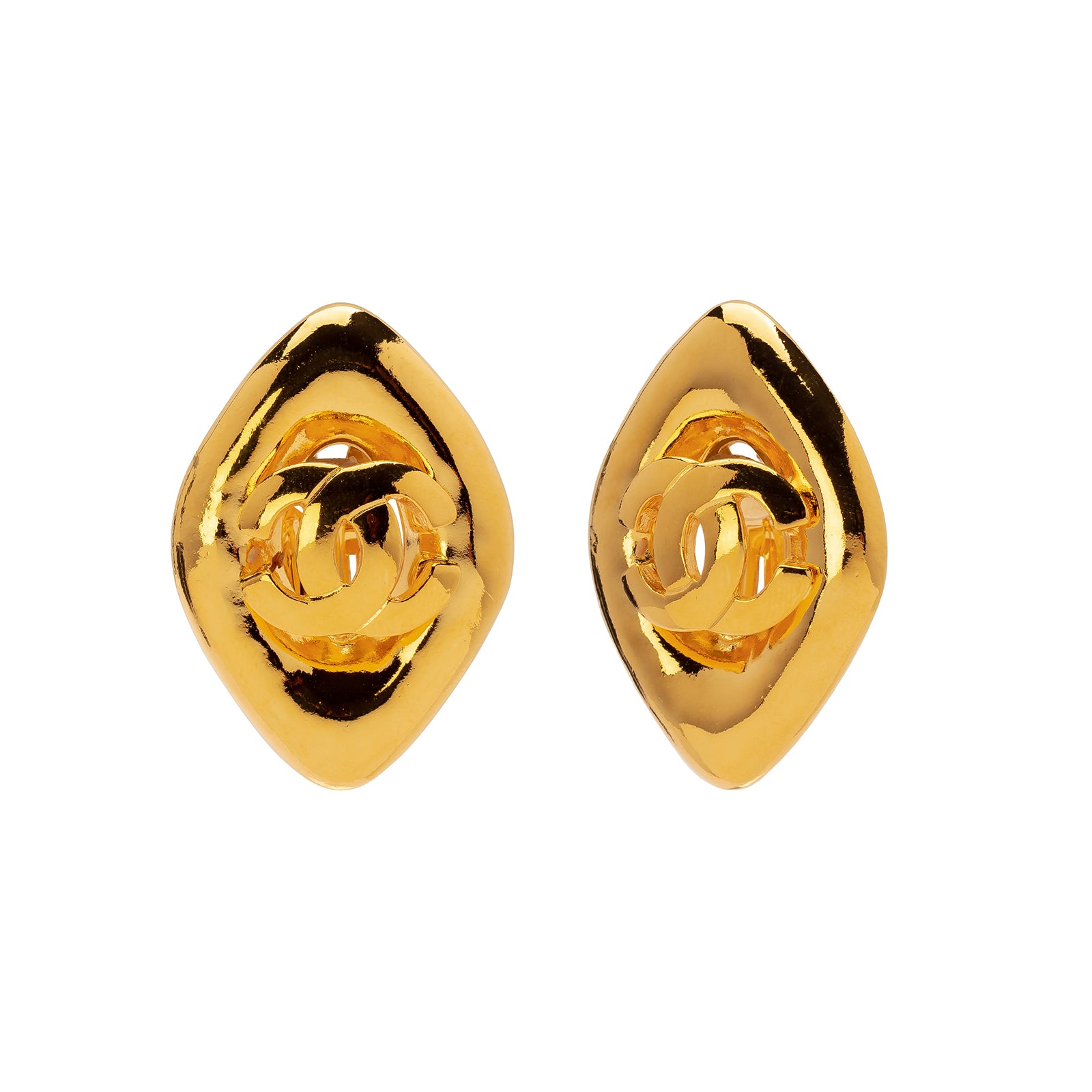 1990s Vintage Chanel Gold Tone Quilted Large Hoop Clip on Earrings