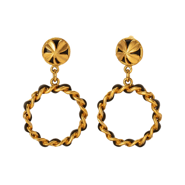Antique & Vintage Jewelry Black Leather Woven Gilt Chain Hoops - Earrings - Broken English Jewelry