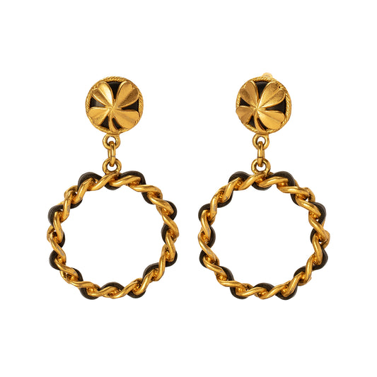 Black Leather Woven Gilt Chain Hoops - Main Img