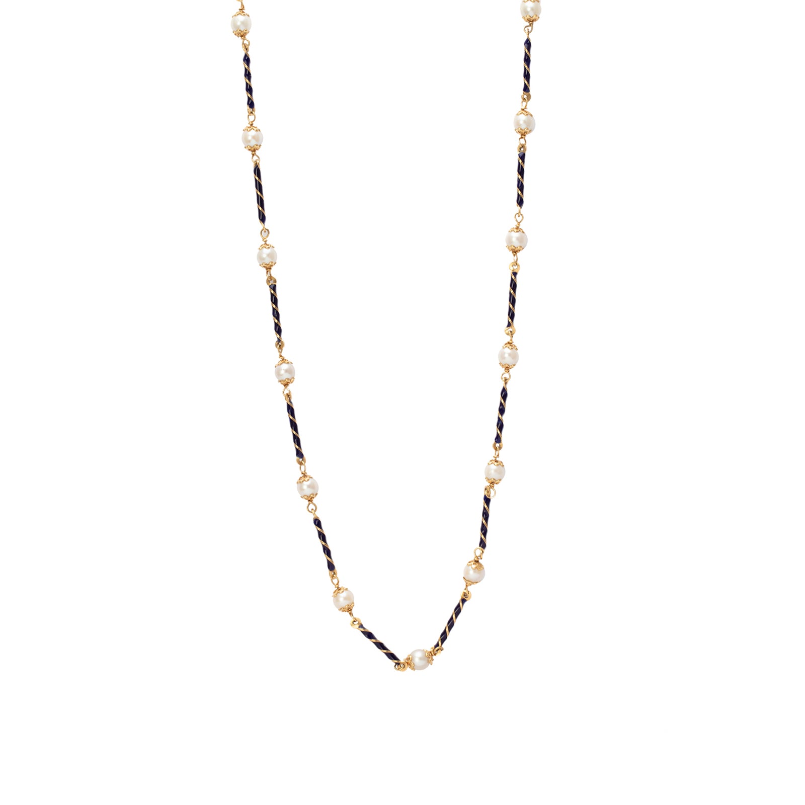 Antique & Vintage Jewelry Blue Enamel Spiral Bars and Pearl Necklace - Necklaces - Broken English Jewelry