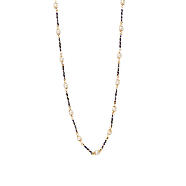 Antique & Vintage Jewelry Blue Enamel Spiral Bars and Pearl Necklace - Necklaces - Broken English Jewelry